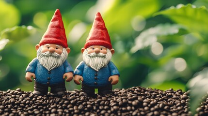 Two garden gnomes with red hats stand side by side on a pile of coffee beans, set against a vibrant, lush green background.