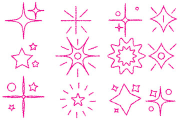 Wall Mural - Line star glitter shine of doodle set. Star shine glow, spark glitter, sparkle light vector illustration. Hand drawn sketch doodle style.