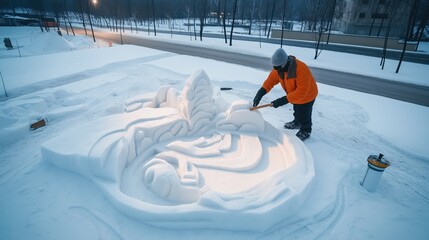 Canvas Print - A person in winter clothing carving an intricate snow sculpture. The scene is outdoors, with snow covering the ground and bare trees in the background during the evening.