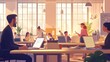 © Michal - A bustling office scene with people working on laptops and smartphones, depicted in an animated style