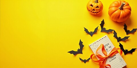 Spooky Halloween, festive decorations, orange pumpkins, autumn leaves, bat silhouettes, vibrant orange, dark background, rustic wooden table, festive scene, with copy space.