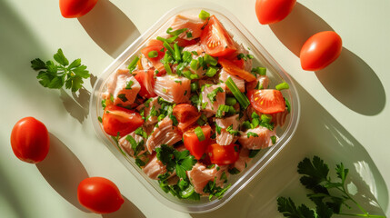 Fresh and vibrant tuna salad featuring diced tuna, tomatoes, and green onions, garnished with parsley, all presented in clear plastic container. Perfect for healthy meal!