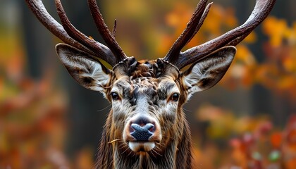 Wall Mural - Autumnal close-up of a red deer hind surrounded by vibrant fall foliage