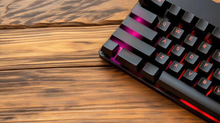 Canvas Print - A close up of a black keyboard sitting on top of wood, AI