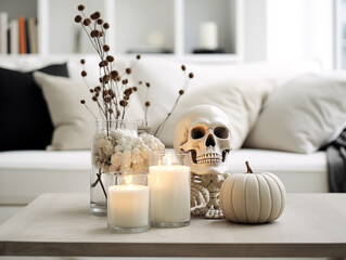 Closeup scandinavian minimalist autumn interior with Halloween themed decor in white and orange