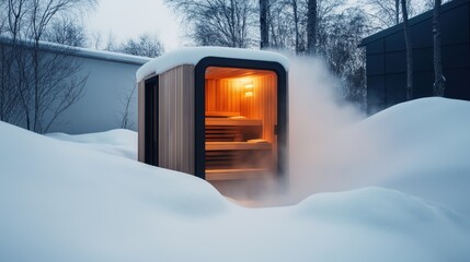 Sticker - A small outdoor sauna in a snowy landscape with warm interior lighting, surrounded by snow-covered ground and trees in the background during a winter day.