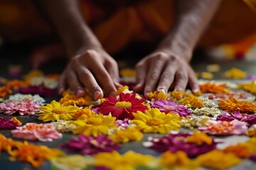 a close-up shot of a young indian man's hands carefully placing flowers on the floor to create an intricate onam pookalam design, with a few flowers and petals scattered around