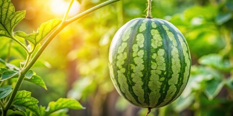 Ripe watermelon on vine in garden, closeup of growing fruit on plant