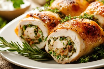 Stuffed Chicken Roll with Vegetables and Herbs. Delicious Dinner Meal