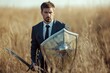© Vlad - Sword And Shield. Aggressive Caucasian Businessman with Shield and Sword in Field
