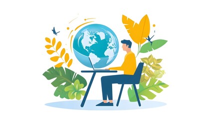 Wall Mural - A man, woman, is sitting at his desk with the laptop screen showing social media on it, a flat design illustration