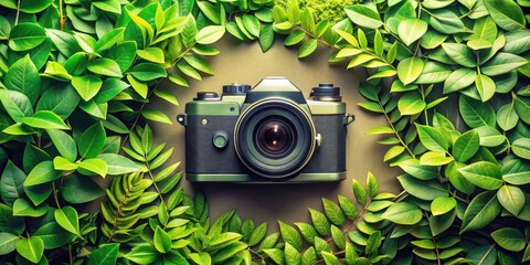 Wall Mural - green nature photography camera surrounded by fresh leaves natural calming vibe concept