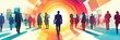 © SKIMP Art - A vibrant illustration of business people walking through a circular pattern, with the silhouette of one person standing out in focus amidst blurred figures Generative AI
