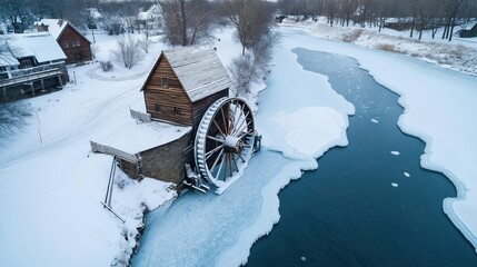 Canvas Print - Aerial view of a snow-covered watermill by a partially frozen river, surrounded by snowy trees and buildings in a winter landscape.