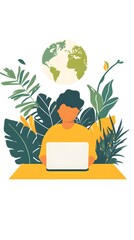 Wall Mural - A man, woman, is sitting at his desk with the laptop screen showing social media on it, a flat design illustration