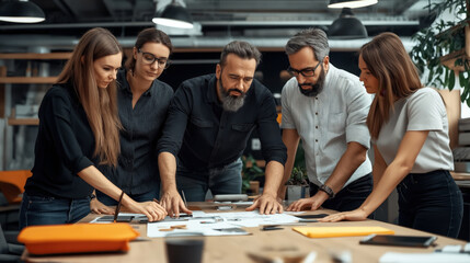 Canvas Print - A diverse group of five colleagues engaged in a collaborative team meeting, discussing plans and documents spread out on a table in a modern office environment.