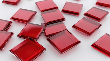 Wall Mural - 3D rendering of abstract geometric shapes featuring red glass square tiles isolated against a white background