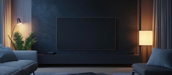 Fototapete - LED TV mounted on a dark wall in a minimalistic living room featuring stylish 3D rendering