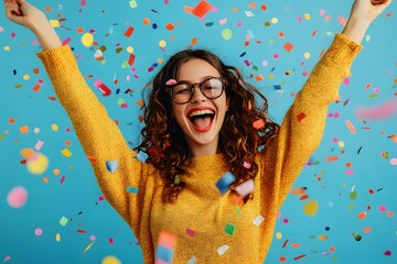 Young woman in yellow sweater celebrates with confetti