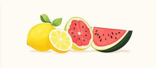 Wall Mural - Fresh lemon and watermelon fruits illustrated creatively in a flat design style