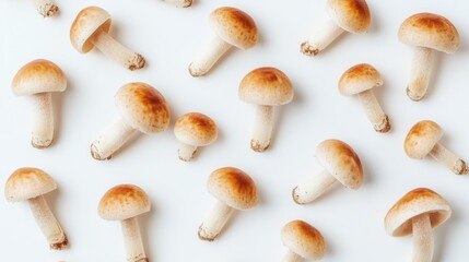Aufkleber - A group of Yanagi mushrooms scattered on a plain white background, their smooth caps and thin stems creating a natural, organic display.