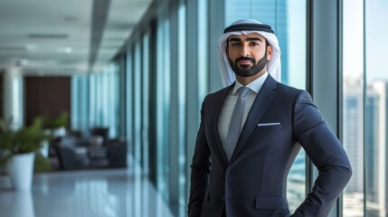 A well-dressed man in traditional attire stands confidently in a modern office with large windows, showcasing a professional ambiance.