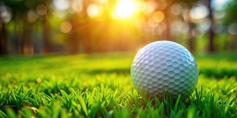 Close up of a golf ball on vibrant green grass with copyspace for text