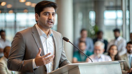 Indian CEO Speaking at Event - An Indian CEO delivering a speech at a conference podium.	
