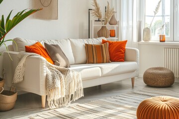 Wall Mural - Modern Living Room with White Couch, Orange Pillows, and Dried Flower Arrangement. Interior Design, Home Decor Concept.