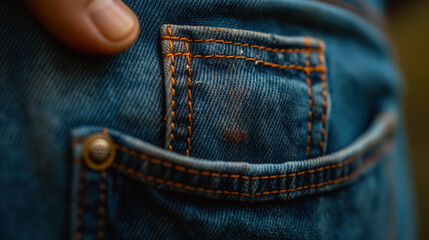 Close-up of a denim pocket with detailed stitching and a metal button. The worn texture and faded color give a sense of ruggedness and everyday wear.