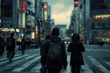 Autumn City Street with People Walking, Trees with Orange Leaves, Urban Life, Crowded Sidewalk, Autumn Weather