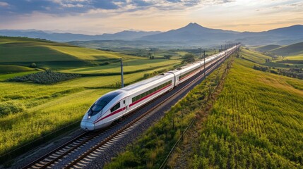 Aufkleber - A high-speed train zooming past a scenic countryside, with the train speed creating a sense of motion and excitement against a serene backdrop.