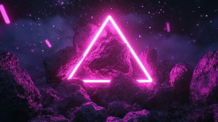 Fototapete - Bright pink neon light forms a triangular shape against dark, rocky terrain, creating an otherworldly atmosphere filled with glowing particles in the air