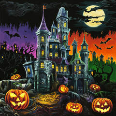 A halloween scene with pumpkins, a full moon and castle in the background.