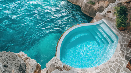 Unique, small swimming pool built into a rocky cliffside overlooking the ocean. The turquoise water and natural setting create a breathtaking and serene oasis.