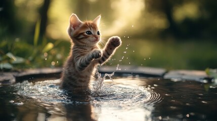 Poster - A kitten standing in a small puddle, happily batting at the water with its paws, creating ripples and splashes in a cute, playful moment.