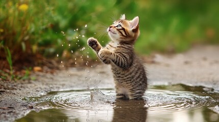 Poster - A kitten standing in a small puddle, happily batting at the water with its paws, creating ripples and splashes in a cute, playful moment.