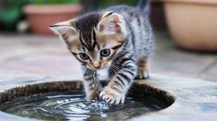 Poster - A kitten standing on the edge of a water bowl, cautiously pawing at the water while looking intrigued and playful.