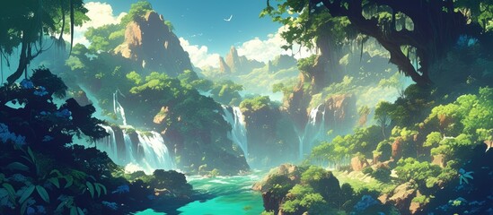 Wall Mural - Scenic artwork of a vibrant landscape featuring a lush forest flowing creek and cascading waterfall