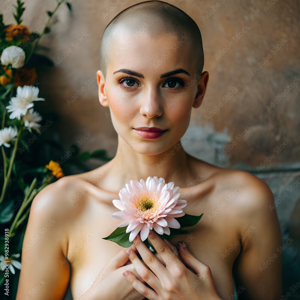Beautiful naked girl without hair clutching a pink flower to her chest