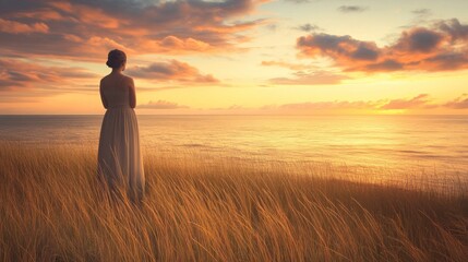 Bathed in the warm hues of sunset, a woman in a flowing dress stands in a field of tall grass, thoughtfully watching the sun dip below the serene ocean waves