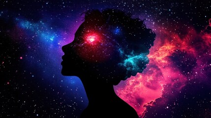 Wall Mural - a dark silhouette of a person against a vibrant cosmic backdrop filled with swirling nebulae and sta