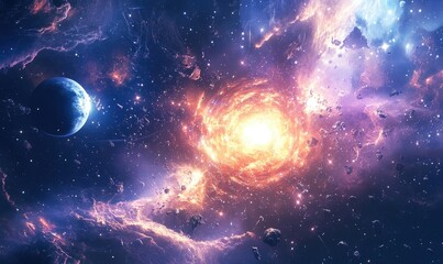 Wall Mural - Abstract representation of distant planets and stars in space Captivating illustration of an exploding star with glossy effects and dynamic lines