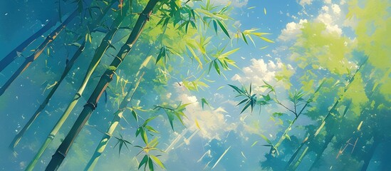 Canvas Print - Painting of a green bamboo branch in a bamboo forest