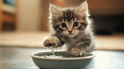 Poster - A kitten standing on the edge of a water bowl, cautiously pawing at the water while looking intrigued and playful.
