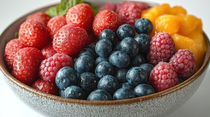 A vibrant mix of fresh raspberries, strawberries, blueberries, and juicy mango