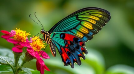 Poster - A macro shot of a colorful butterfly perched on a flower, showcasing its detailed wings and vibrant colors.