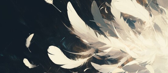 Poster - White duck feathers painted against a black background