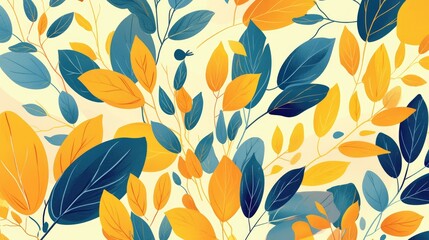 Poster - Light blue and yellow vector hand painted background featuring an abstract pattern of colorful leaves ideal for coloring books and pages for children