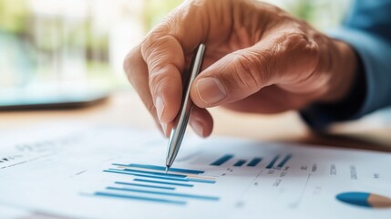 Poster - A hand holds a pen, carefully noting insights from a report with bar graphs and statistics in a well-lit office. The focus is on data analysis in a professional context